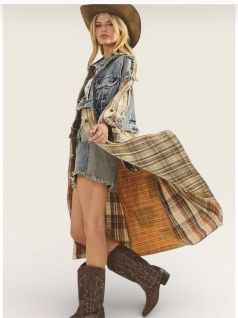 Oli & Hali Distressed Light Blue Denim Jacket with Yellow Plaid Lining Fits M-Xl - Picture 2 of 10